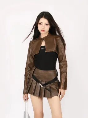 Extra-Cropped Moto Racer Jacket  and Pleated Mini Skirt Faux Leather Two-Piece Set