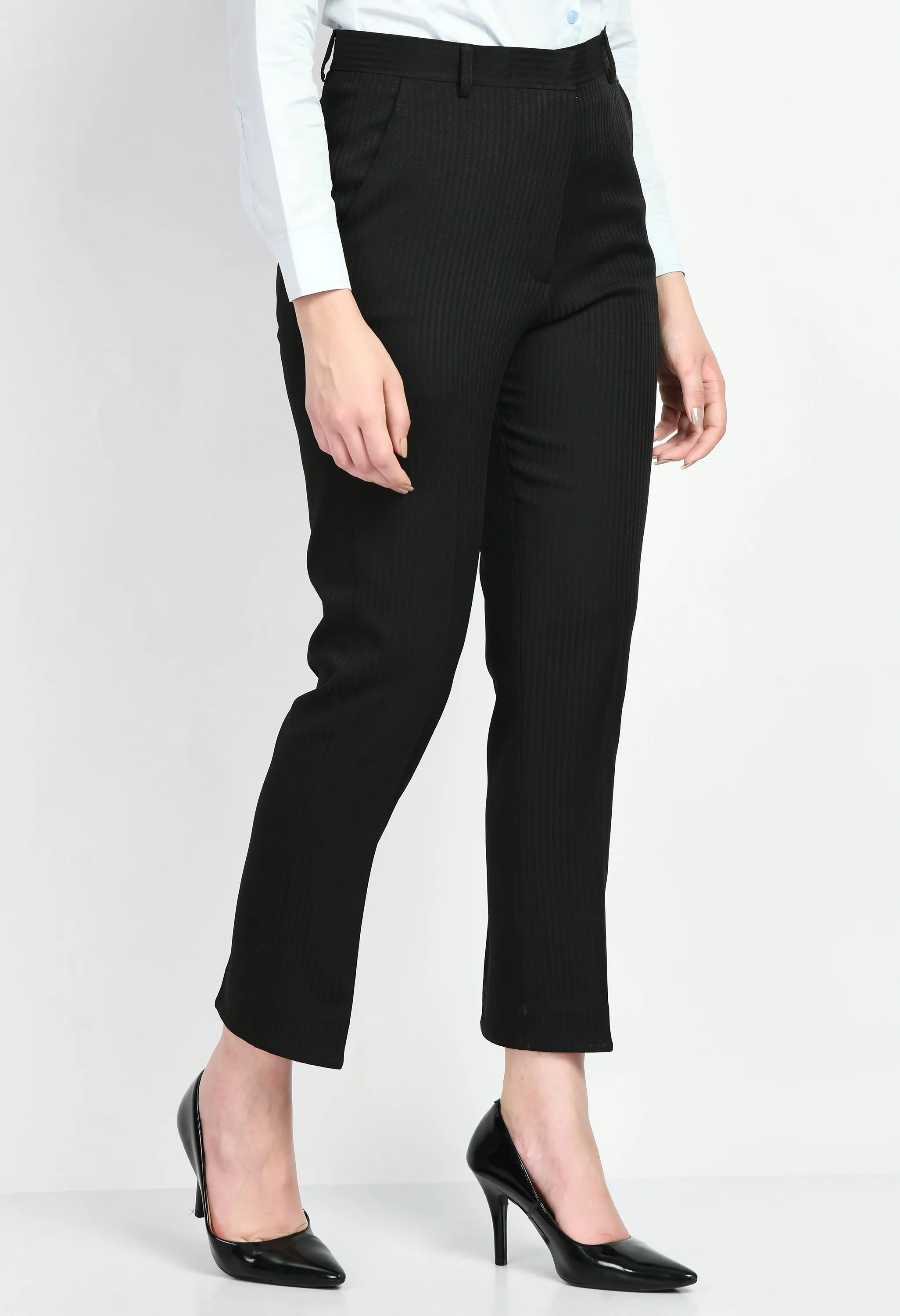 Exude Fearlessness Striped Short Blazer Pant Suit (Black)