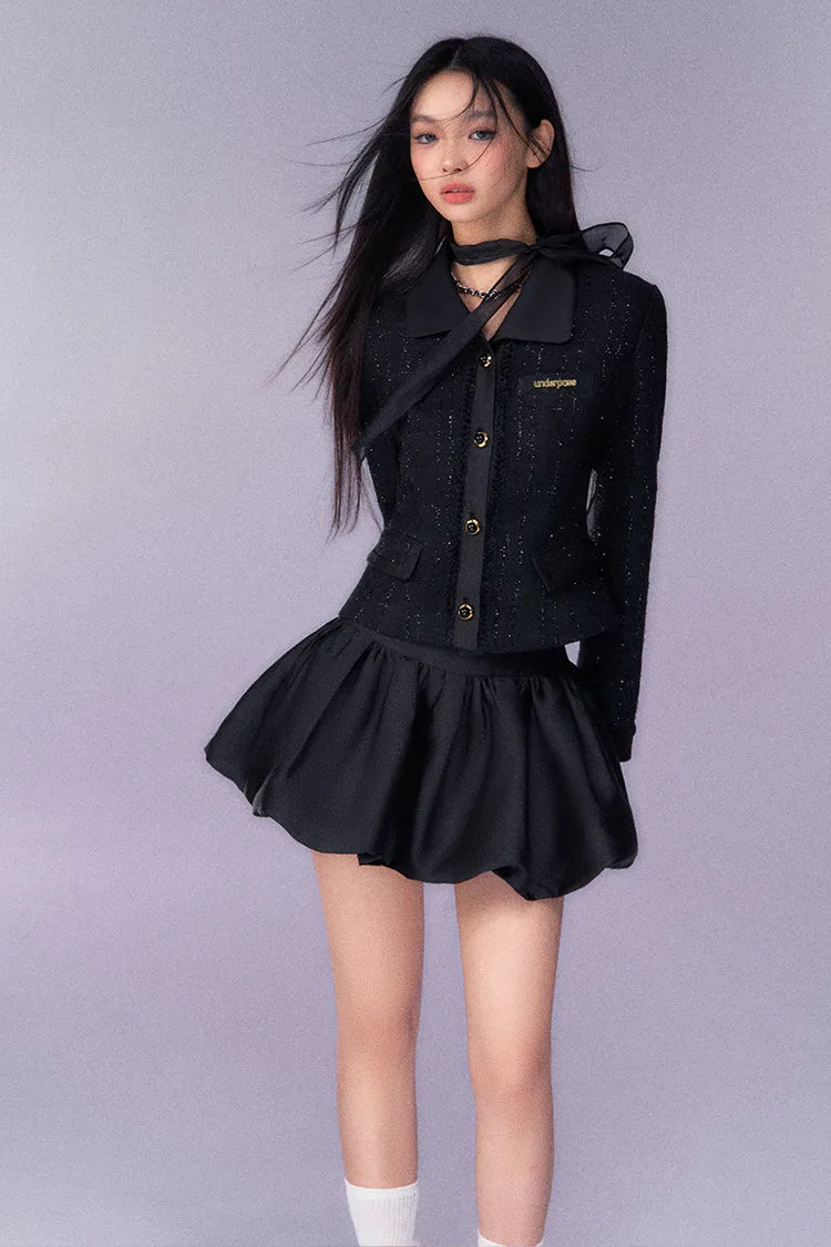 (Final Sale) Black Bouclé Blazer & Bubble Skirt Set