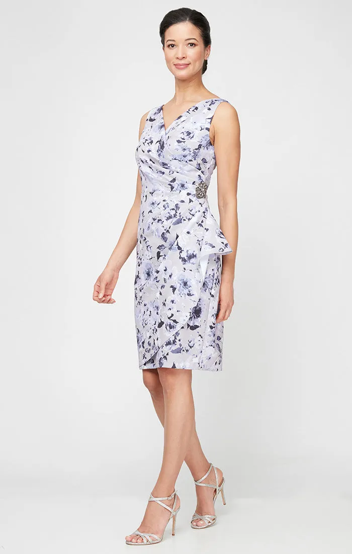 Floral Stretch Crepe Party Dress with Surplice Neckline & Embellishment at Hip