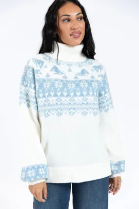 For The Best Ivory and Blue Ski Print Fair Isle Turtleneck Sweater