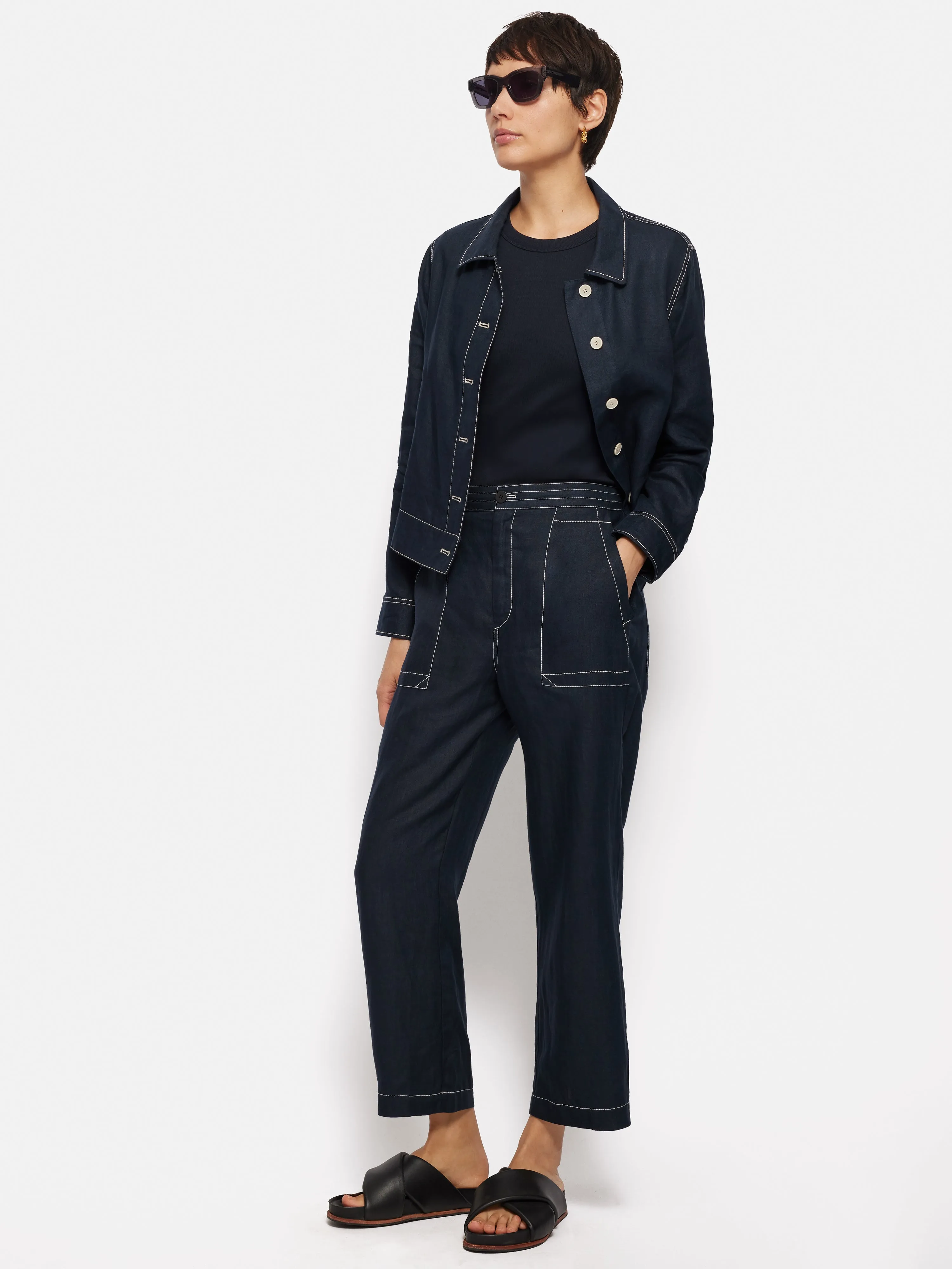 French Linen Cropped Trouser | Navy