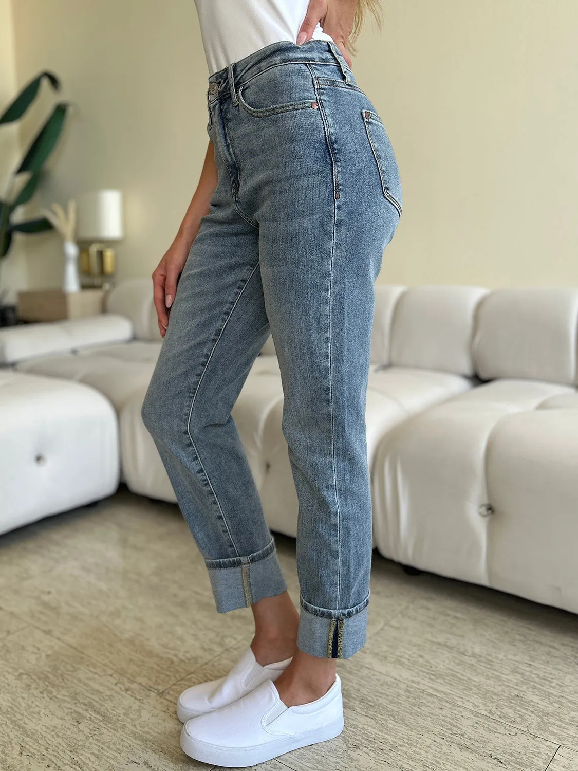 Full Size High Waist Cuff Hem Skinny Jeans