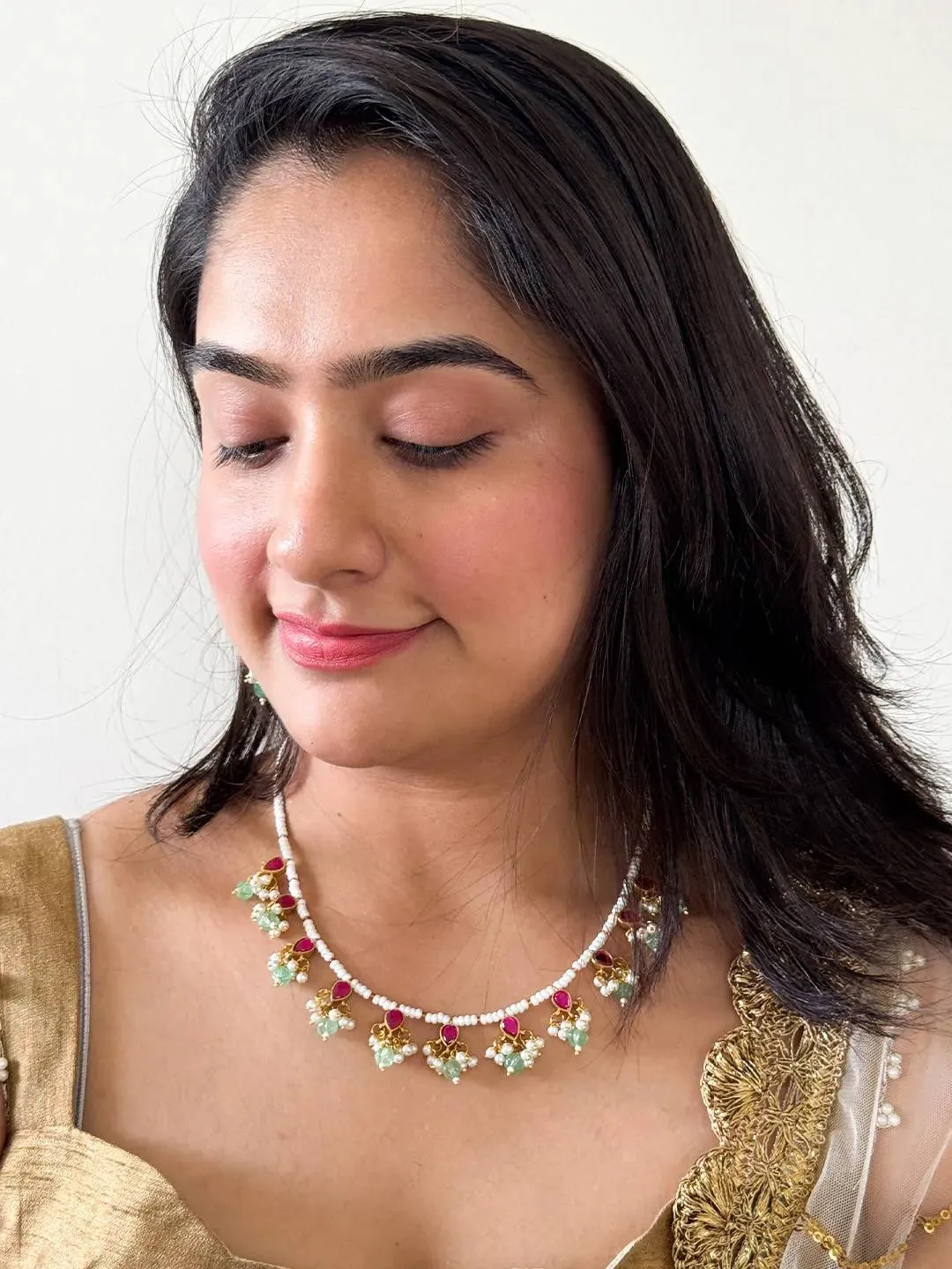 Gold Tone Pink Green Pearl Beaded Kundan Jadau Necklace Set