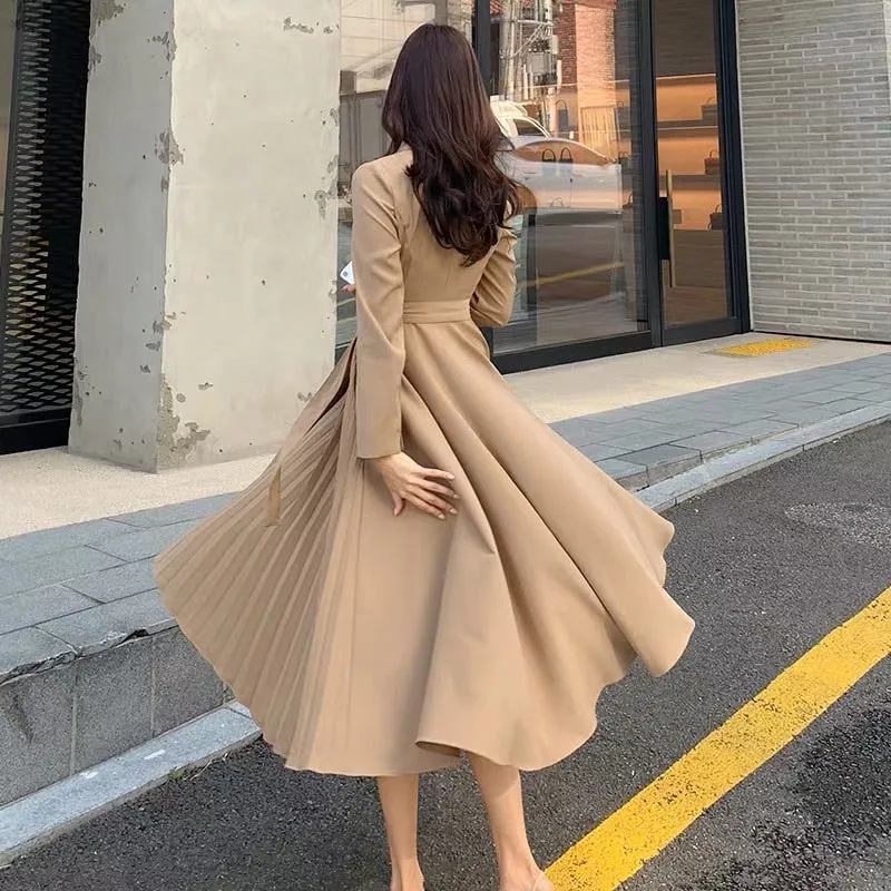 Graduation gift Elegant Pleated Women Office Dress Solid Breasted Ladies Blazer  Autumn Spring Long Sleeve Chic Female Party