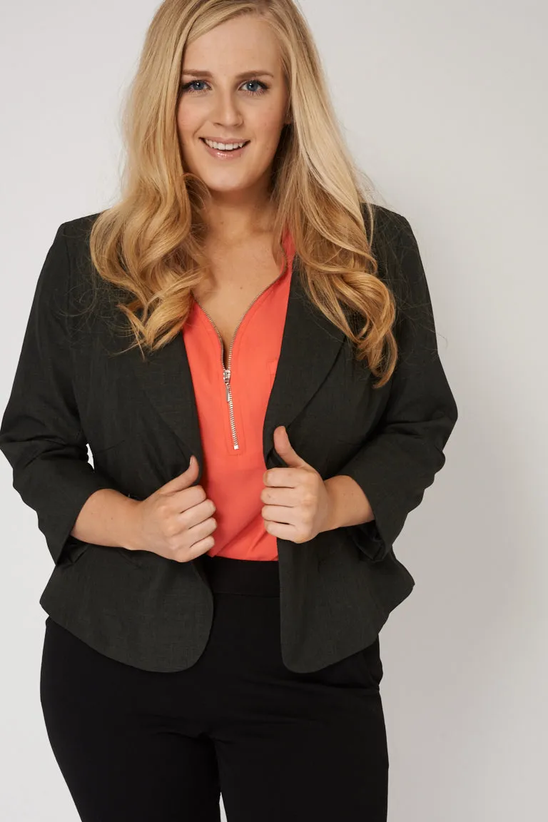 Grey Single Button Blazer With Zipped Pockets