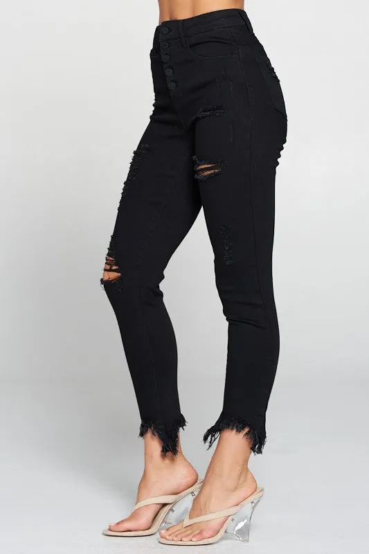 High Rise Destructed Skinnies - Black