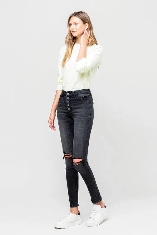 HIGH RISE DISTRESSED BUTTON FLY ANKLE SKINNY