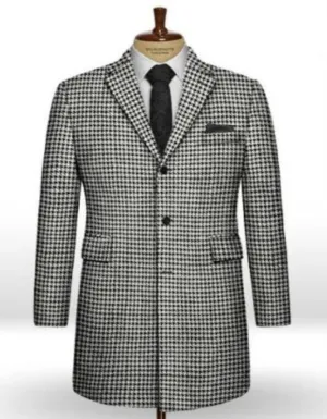 Houndstooth Overcoat - Houndstooth Topcoat - Houndstooth Checker Car Coat - Six Button Black