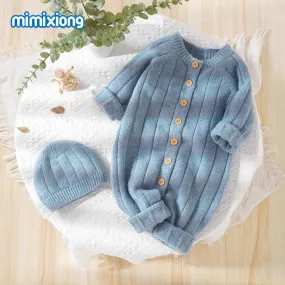 INS Autumn/Winter Baby Knit Solid Color Long Sleeve Bodysuit Hat 2-Piece Set Baby Wholesale Clothes