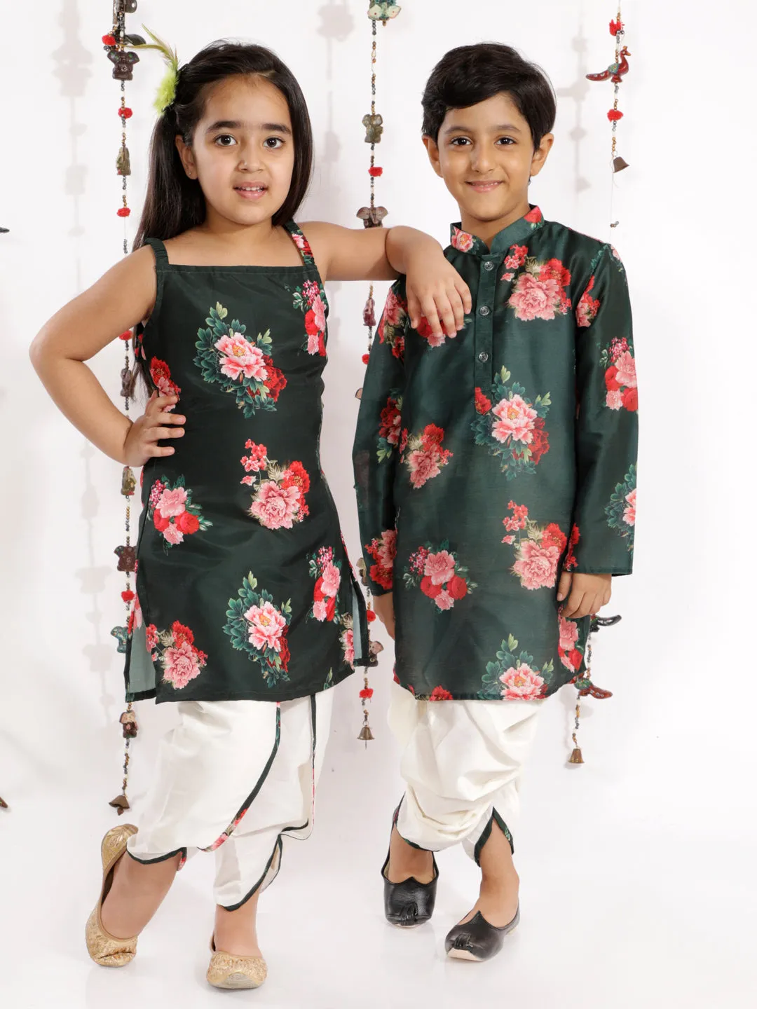 Jashvi Green Floral Printed Cotton Silk Siblings Set