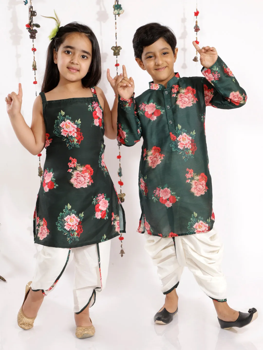 Jashvi Green Floral Printed Cotton Silk Siblings Set