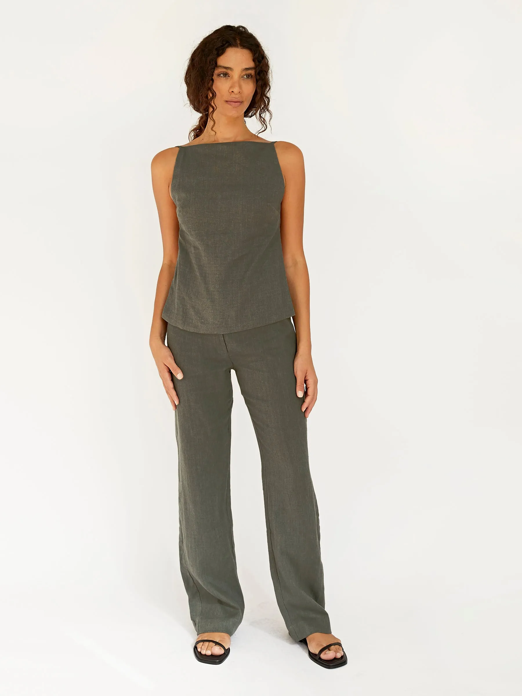 Linen Mid Rise Straight Pants