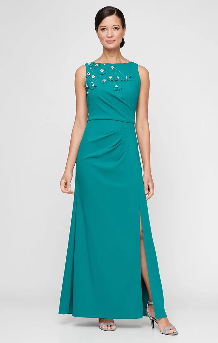 Long Sleeveless Dress with Embellished 3-D Flower Detail on Bodice