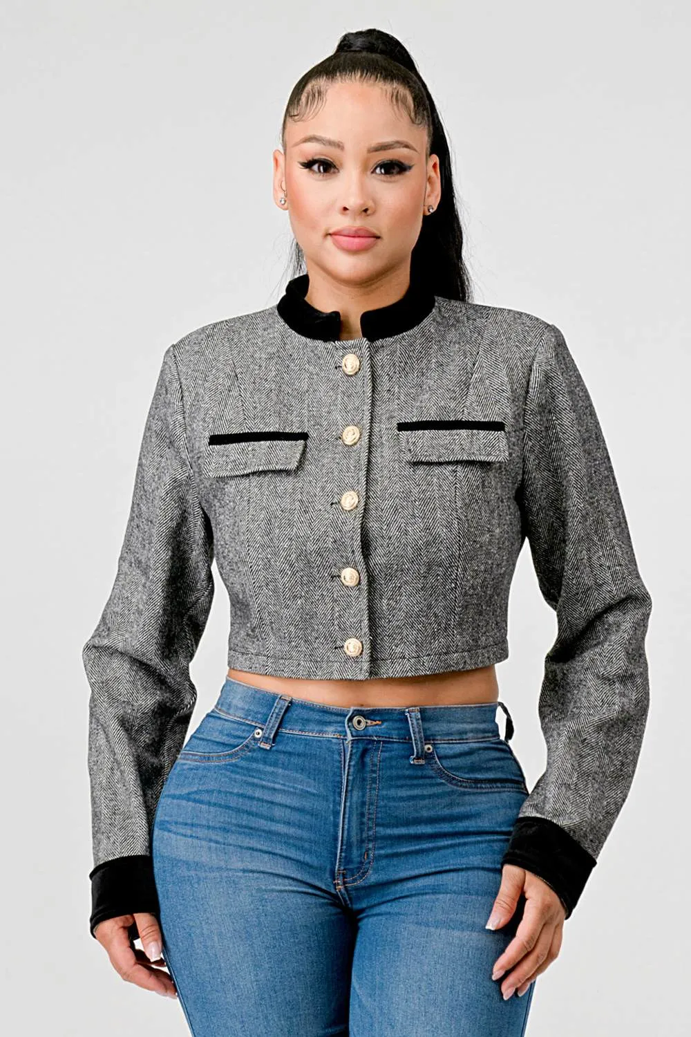 LUXE GOLD BUTTON DOWN CROPPED JACKET