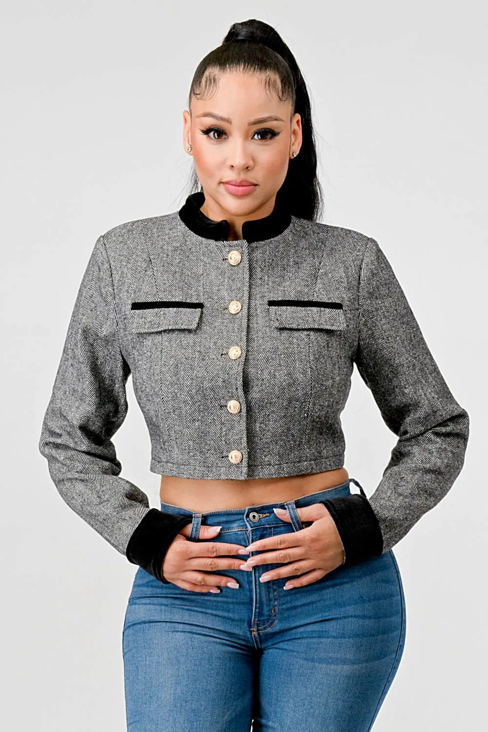 LUXE GOLD BUTTON DOWN CROPPED JACKET