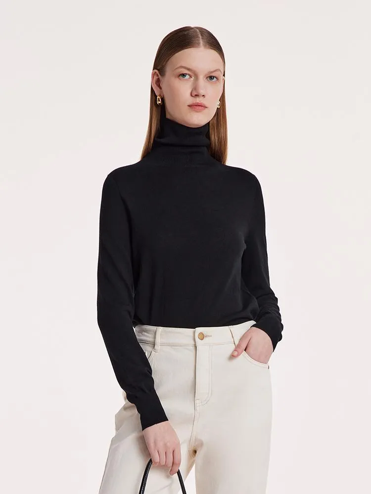 Machine Washable Wool Seamless Turtleneck Women Sweater