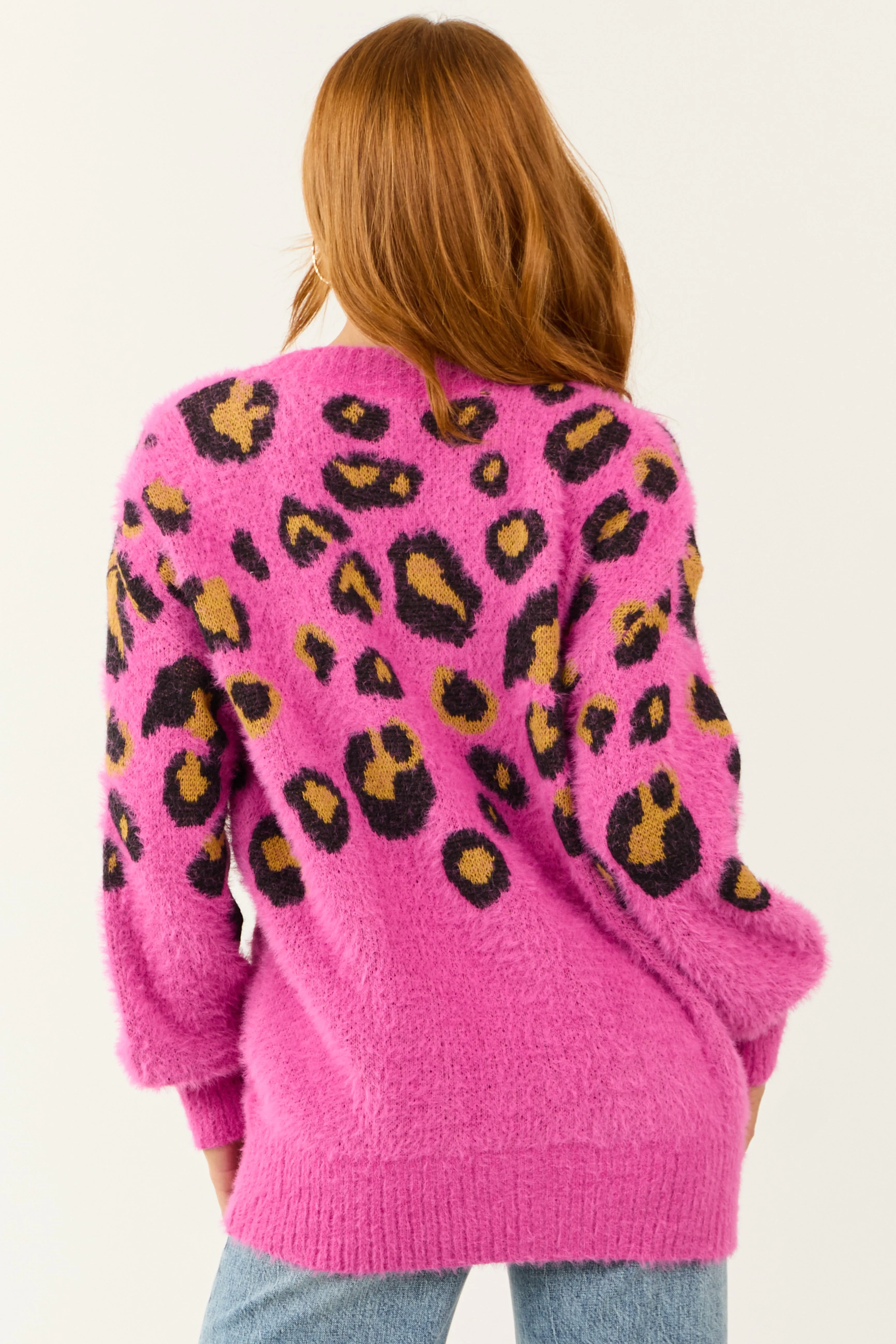 Magenta Leopard Print Button Down Cardigan