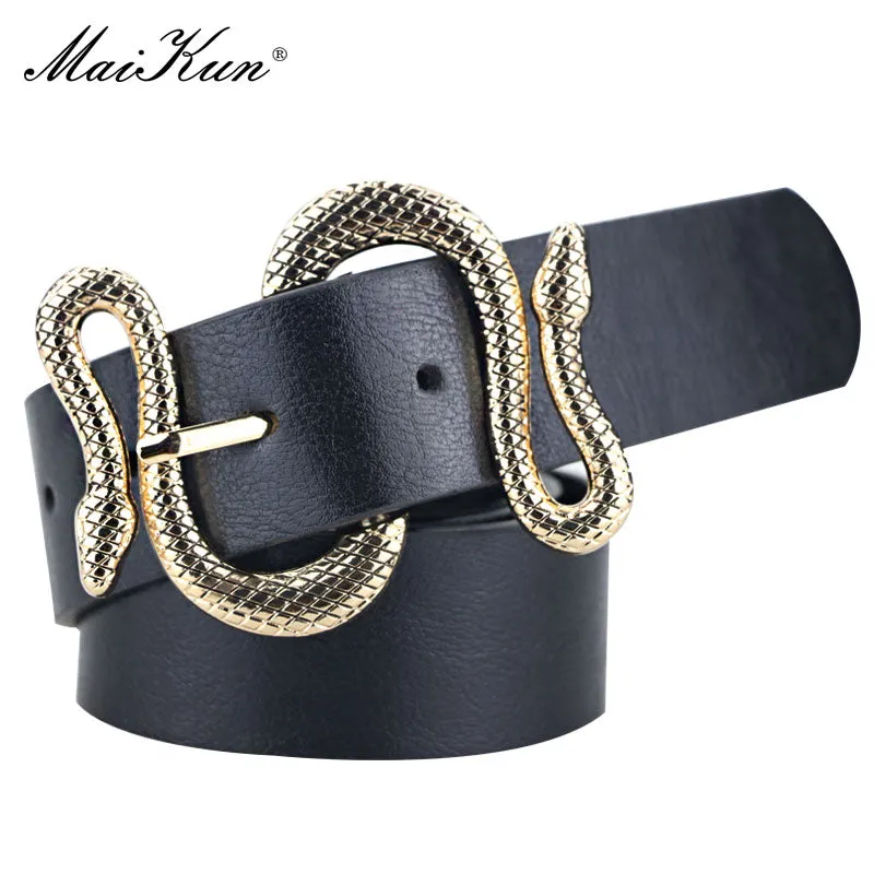 Maikun Belts for Women Snake Shape Pin Buckle Belt High Quality Leather Women Belt PU Waistband