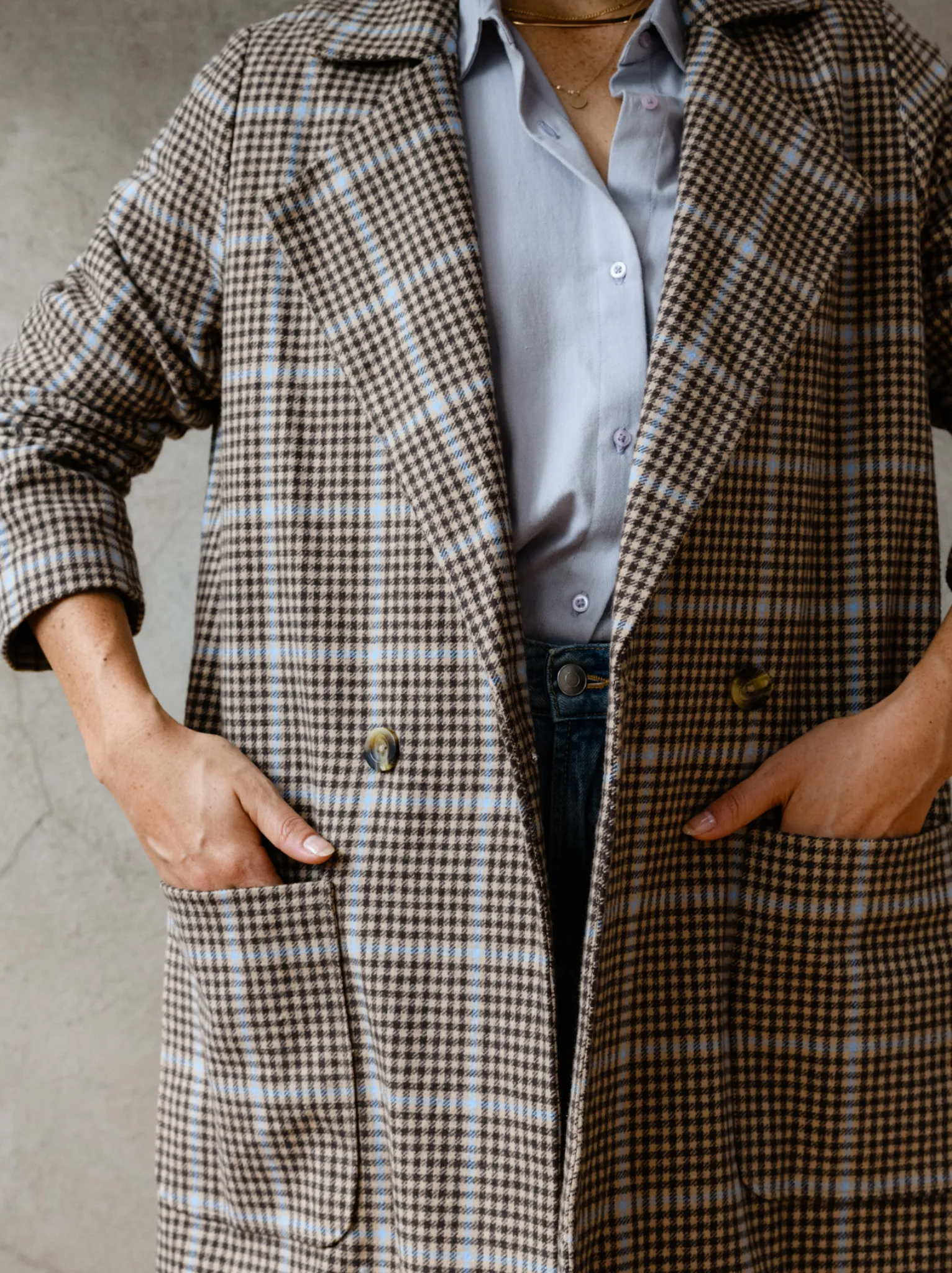 Marie Brushed Plaid Overcoat - Blue/Neutral Plaid