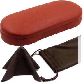 Men hard glasses case in faux leather Brown - medium eyeglass case Pouch and Cloth (AS166L Brown)