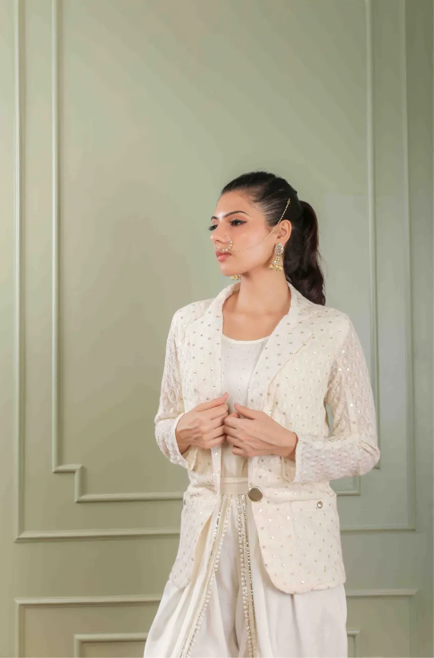 METTLE- Lucknowi Embroidered Blazer With Dhoti Pants