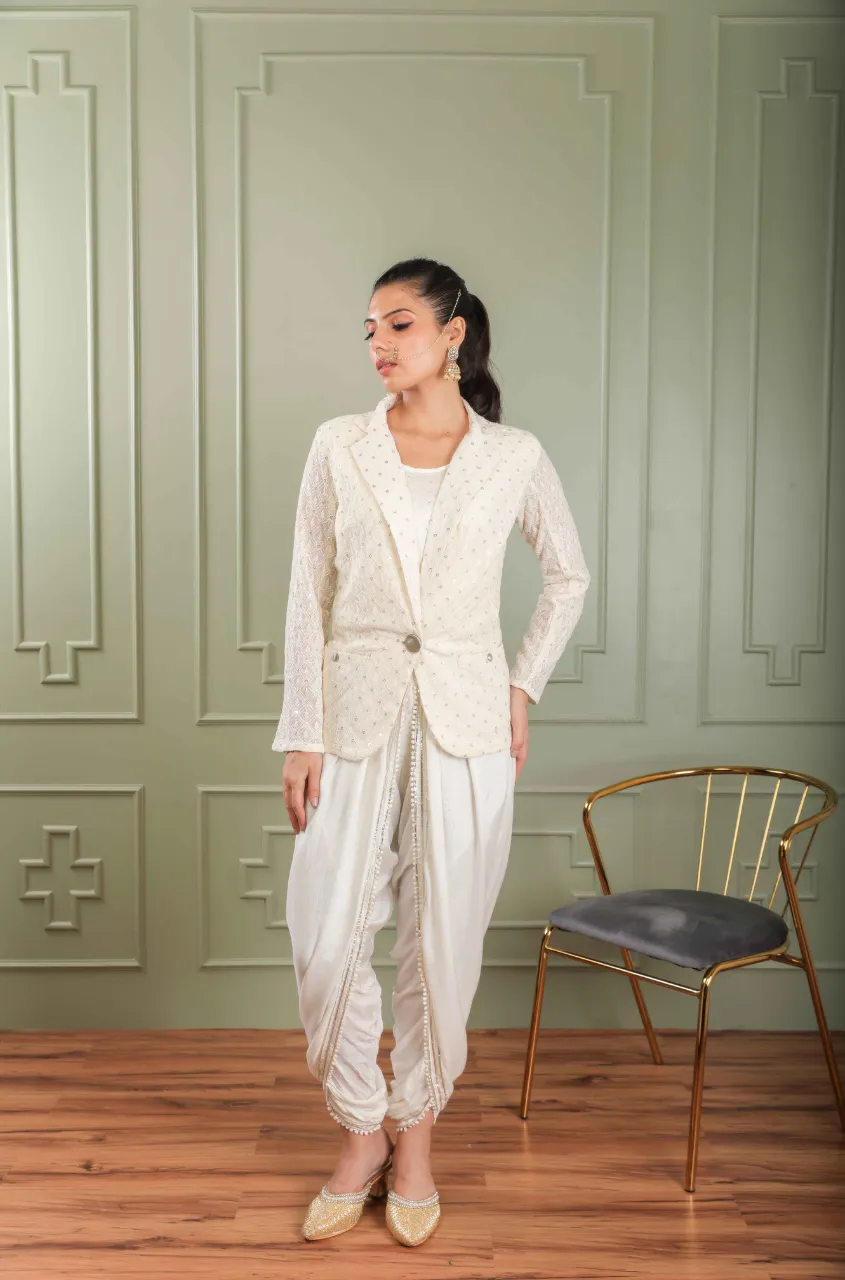 METTLE- Lucknowi Embroidered Blazer With Dhoti Pants