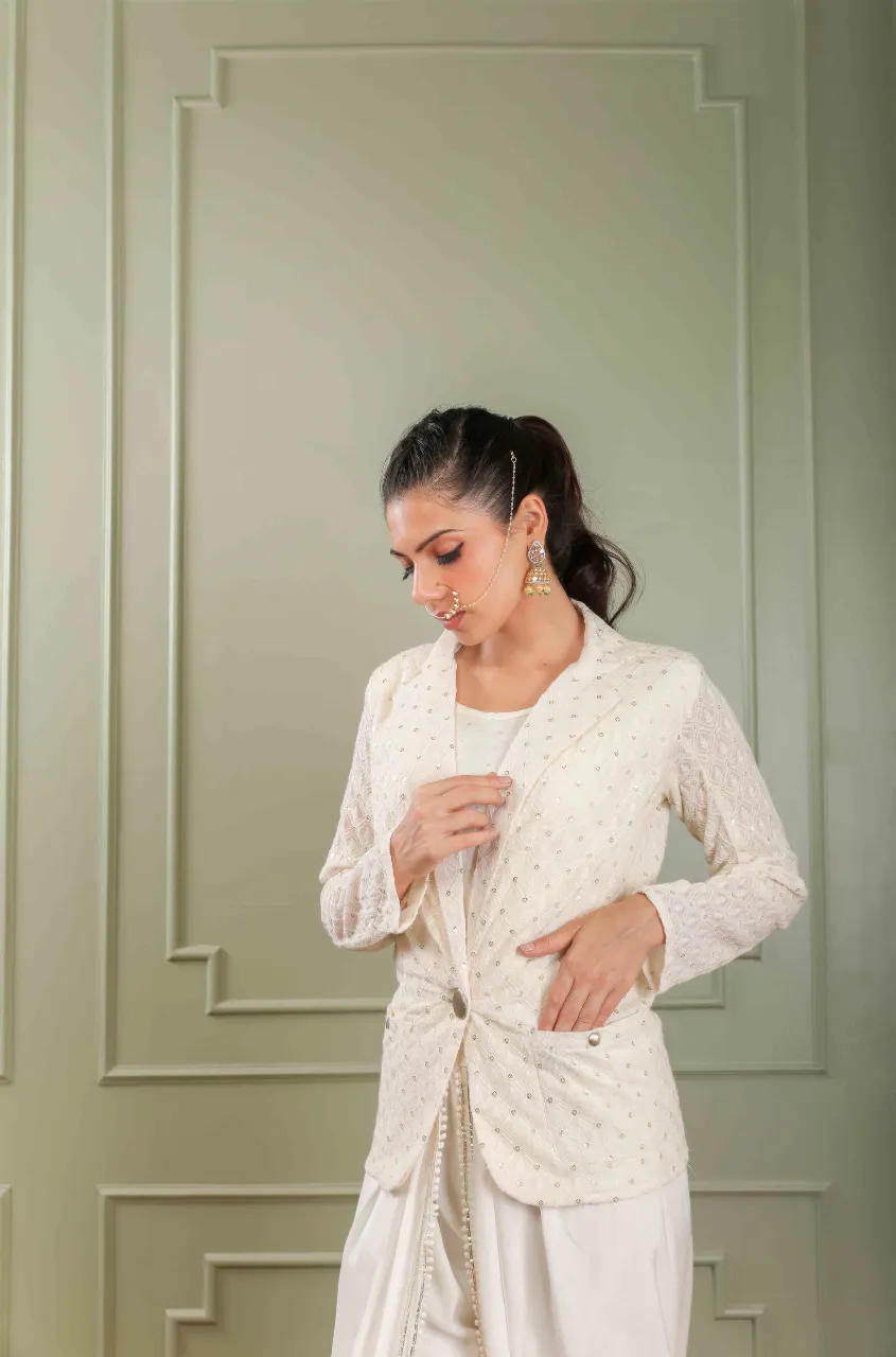 METTLE- Lucknowi Embroidered Blazer With Dhoti Pants