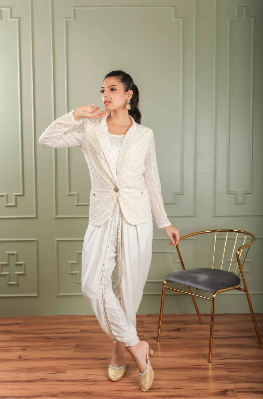 METTLE- Lucknowi Embroidered Blazer With Dhoti Pants