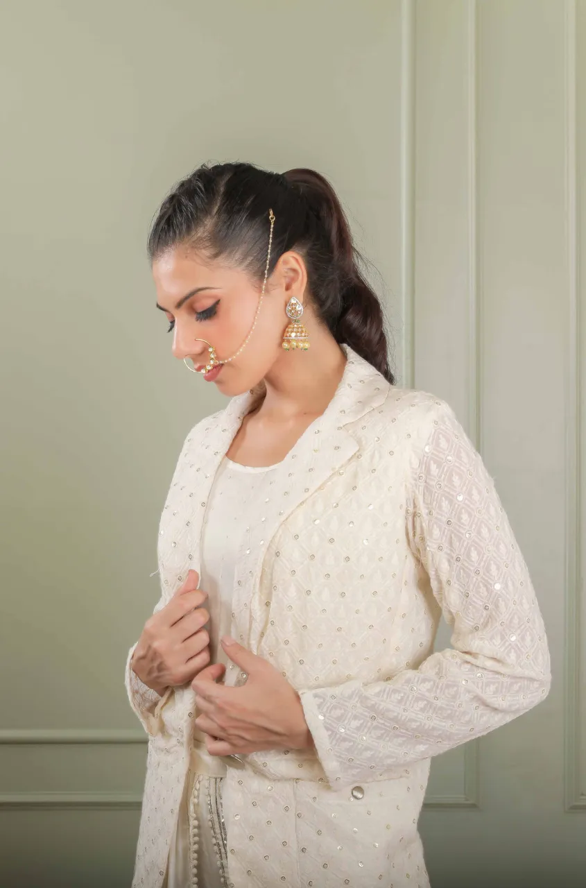 METTLE- Lucknowi Embroidered Blazer With Dhoti Pants