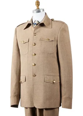 Naval Style High Collar Brass Accent Wool 2pc Zoot Suit Set - Taupe