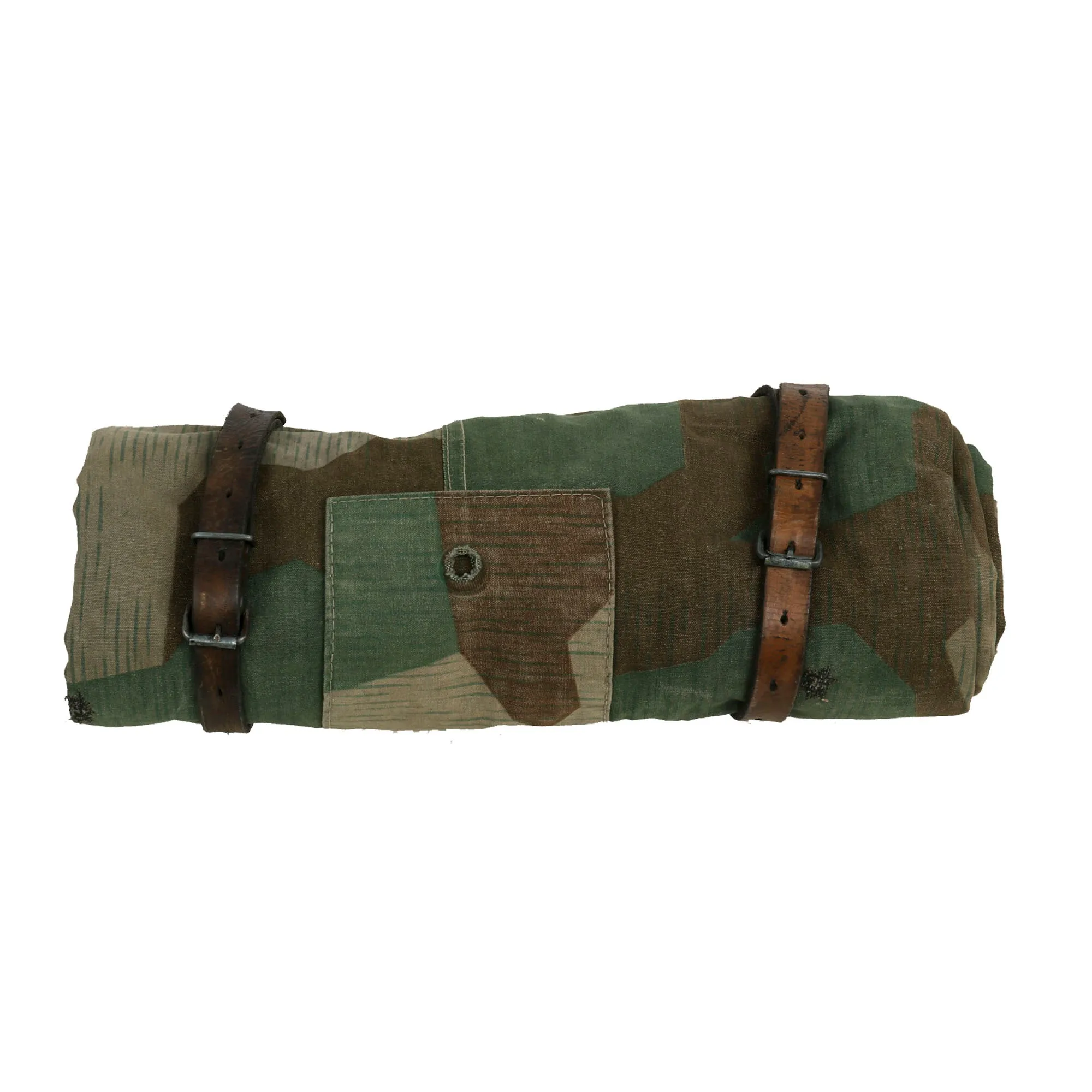 Original German WWII 1941 Dated Service Used Zeltbahn Tent Quarter & Poncho in Splinter Camouflage by Weber & Ott with (2) Carry Straps