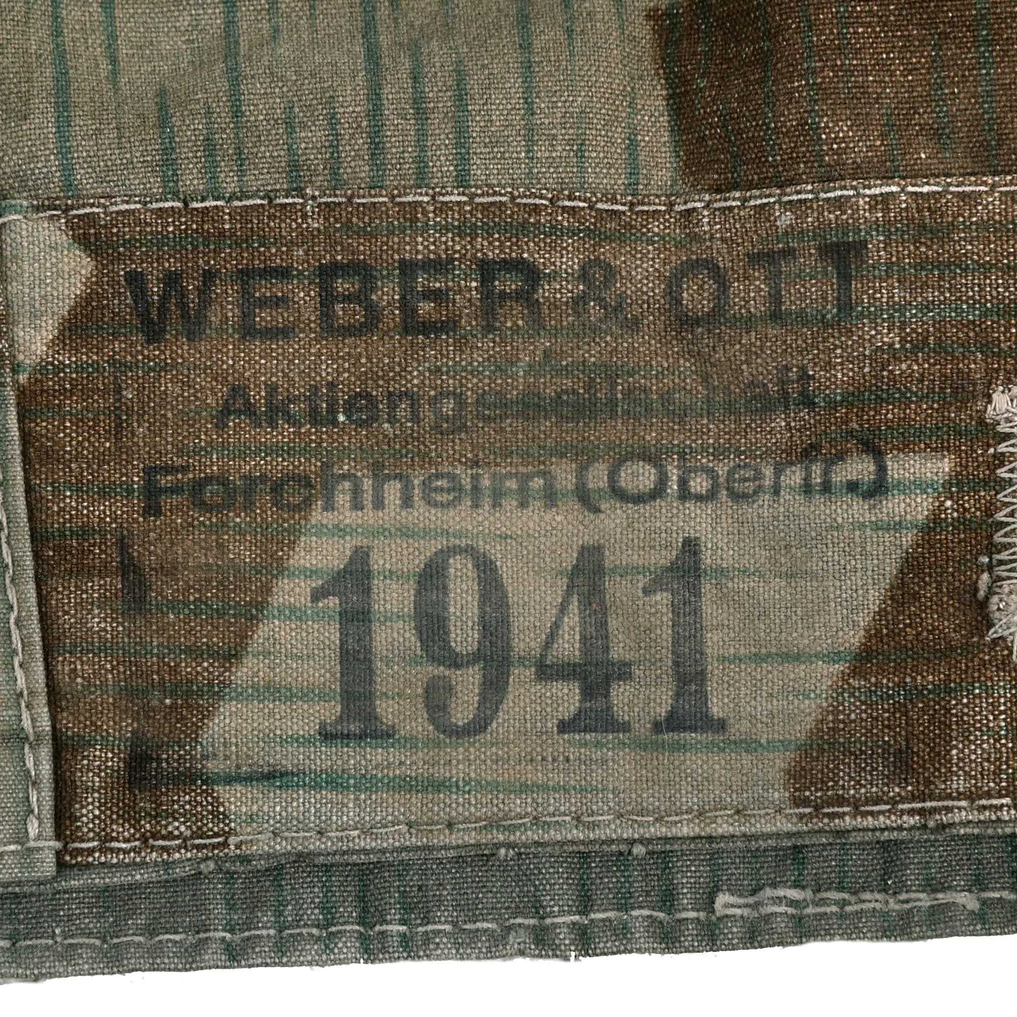 Original German WWII 1941 Dated Service Used Zeltbahn Tent Quarter & Poncho in Splinter Camouflage by Weber & Ott with (2) Carry Straps