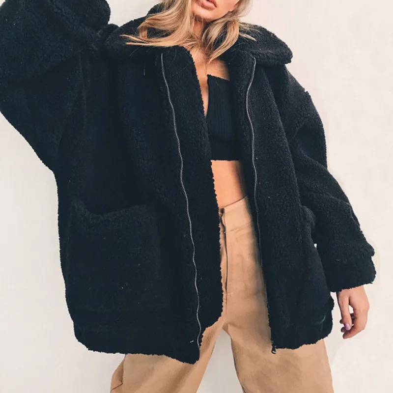 Oversized Teddy Bear Zipup Jacket - Black