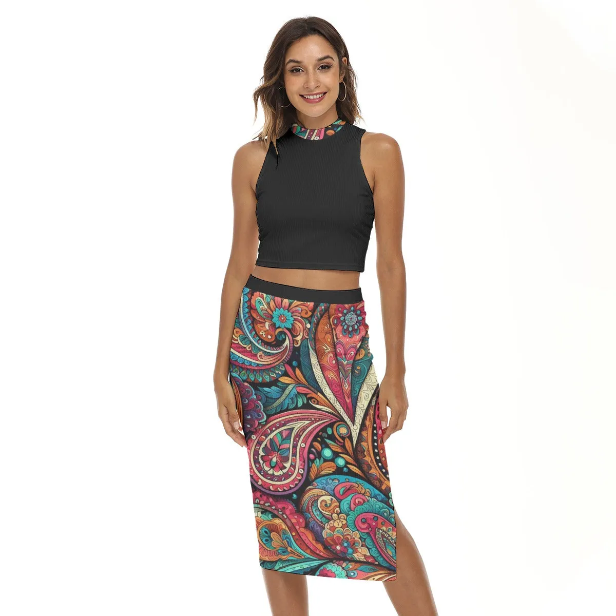 Paisley Women's Tank Top & Split High Skirt Outfit Set