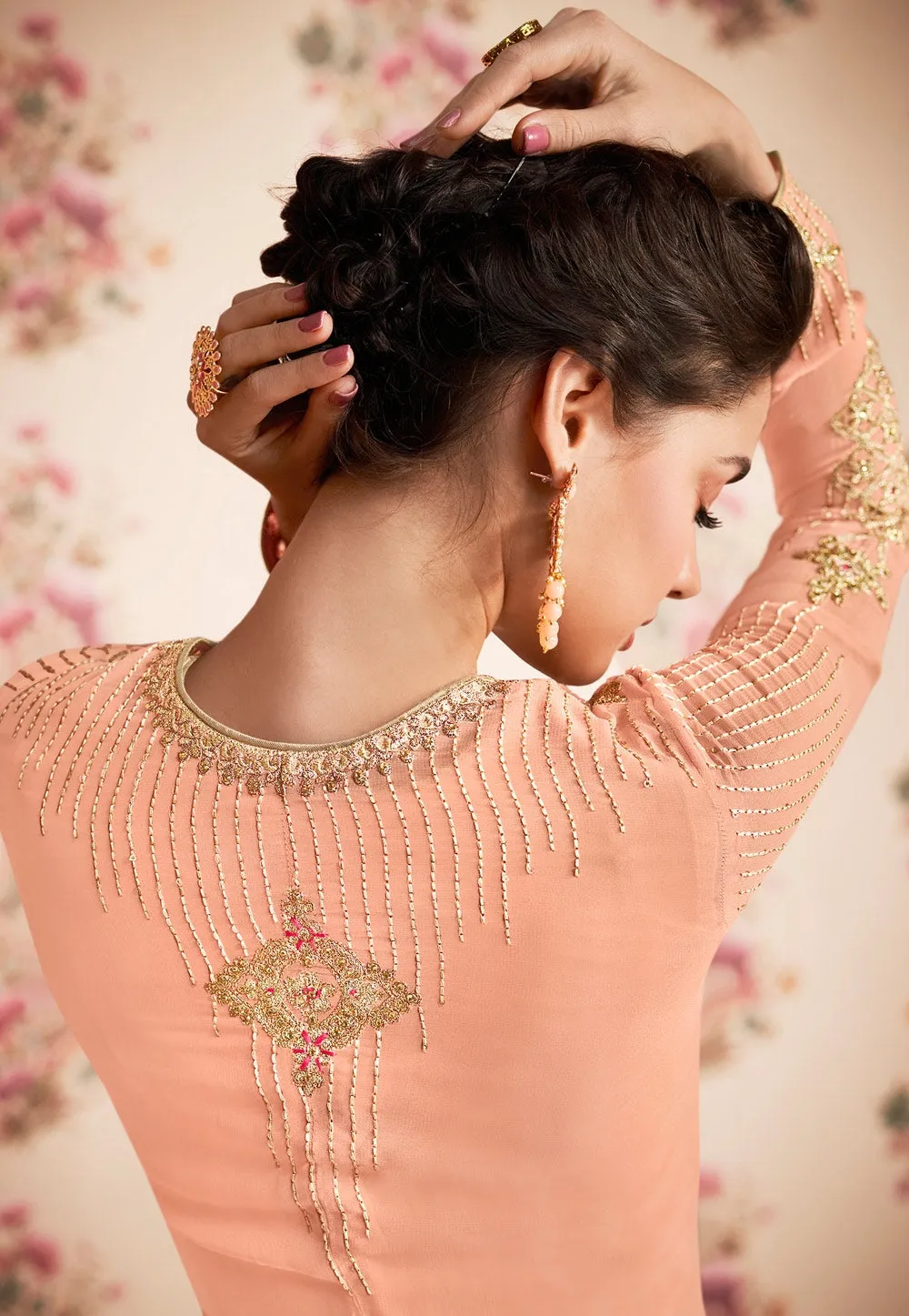 Peach Embroidered Jacket Anarkali Suit