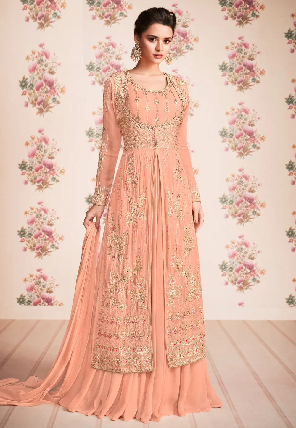 Peach Embroidered Jacket Anarkali Suit