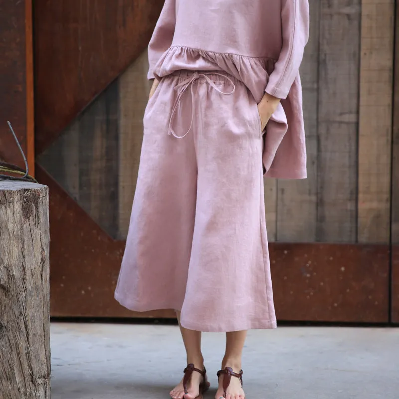 Pink Summer Autumn Women Casual Linen Wide Leg Pants Z98412