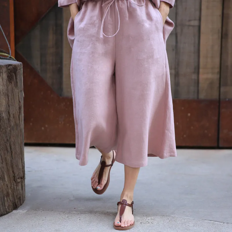 Pink Summer Autumn Women Casual Linen Wide Leg Pants Z98412