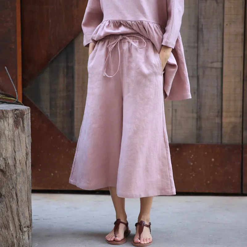 Pink Summer Autumn Women Casual Linen Wide Leg Pants Z98412