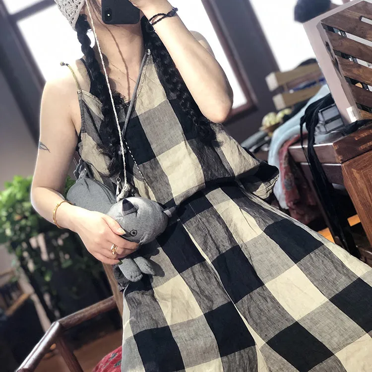 Plaid Linen Summer Autumn Jumpsuits Women Casual Overall Pants PZ97255