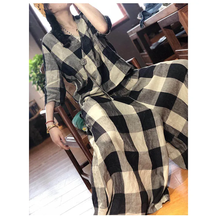 Plaid Linen Summer Autumn Jumpsuits Women Casual Overall Pants PZ97255