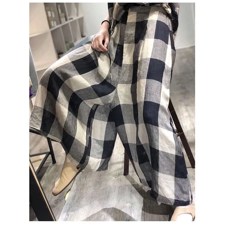 Plaid Linen Summer Autumn Jumpsuits Women Casual Overall Pants PZ97255