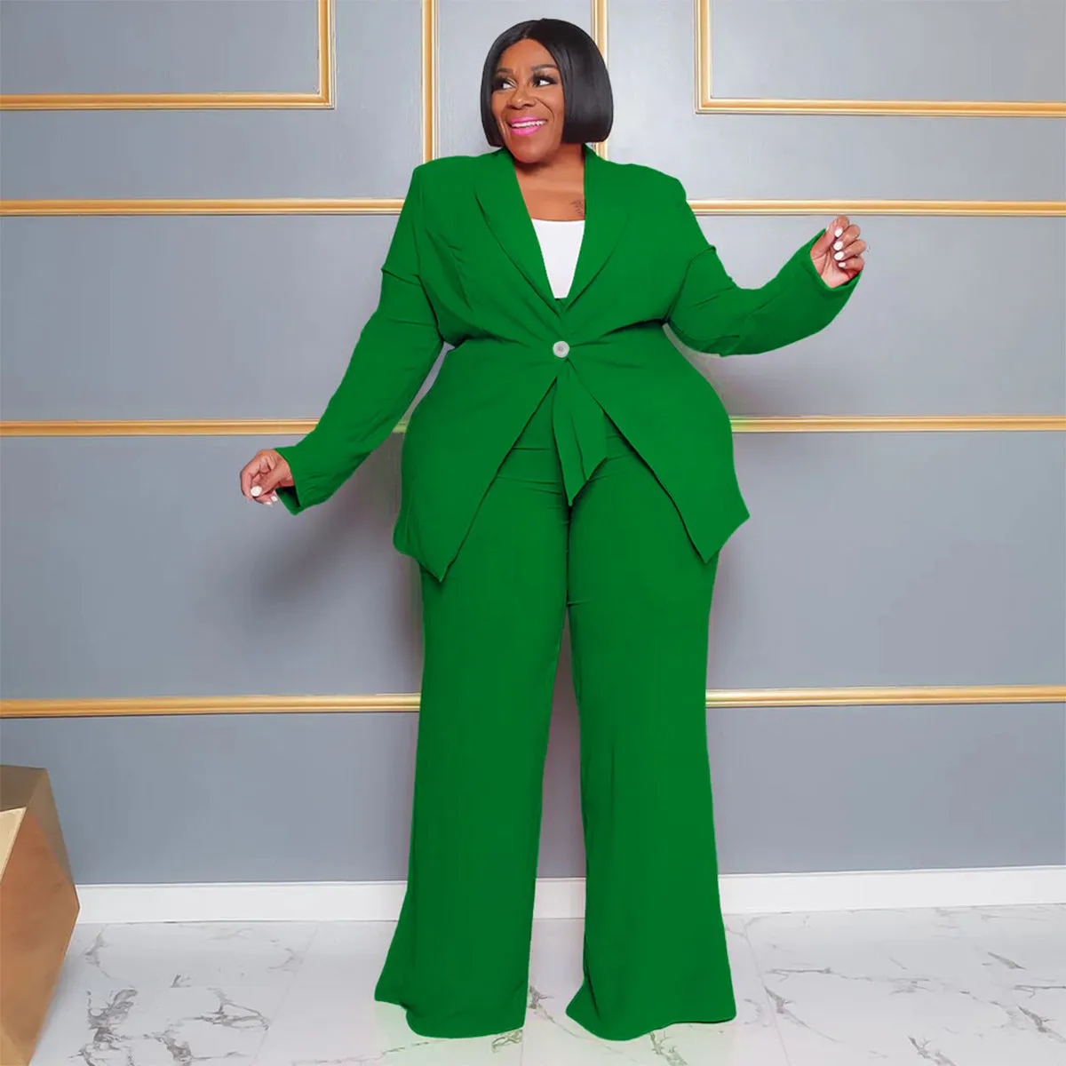 Plus Size Long Sleeve Jacket And Pants Two Piece Set