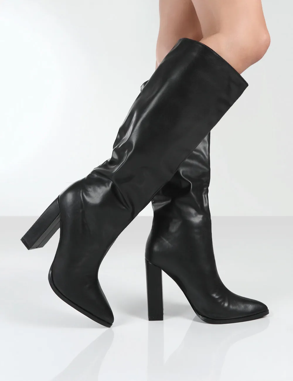 Posie Black PU Knee High Block Heel Boots