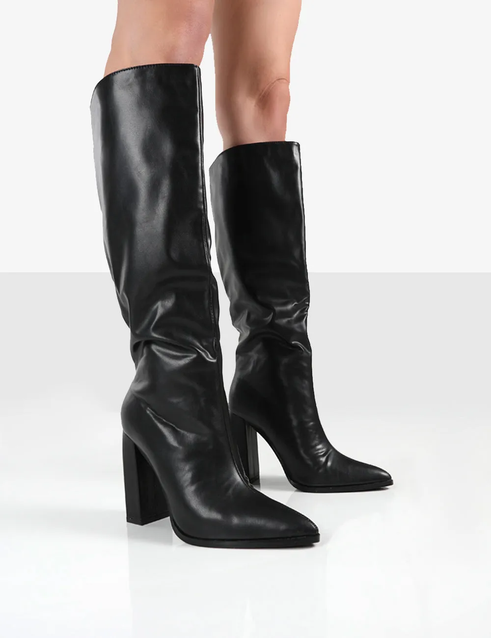 Posie Black PU Knee High Block Heel Boots