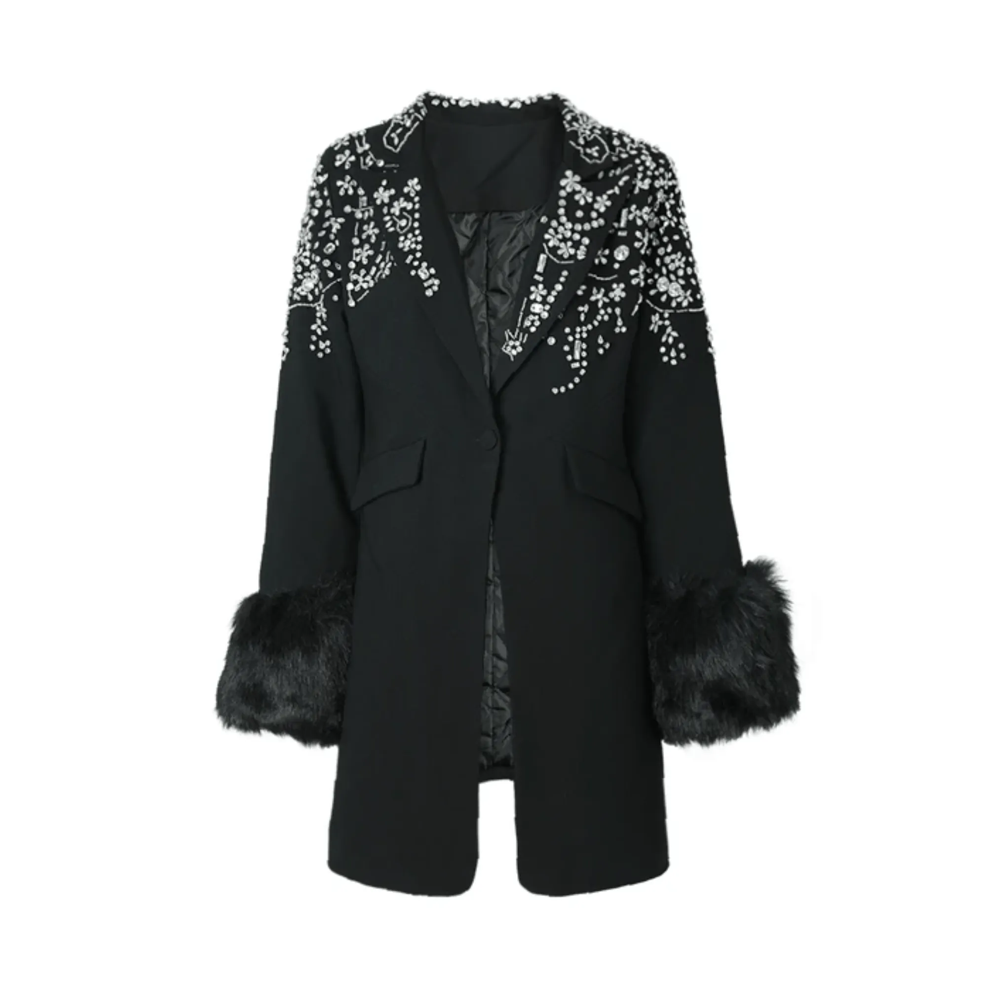 Pre Order:  Faux Fur Cuffs Rhinestones Blazer