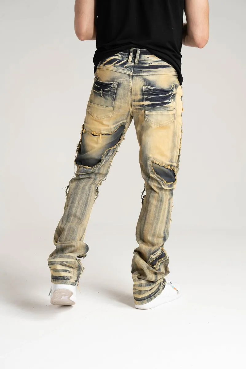 PREMIUM QUALITY STACK JEANS WITH MULTIPLE CONTINUOUS RIP/REPAIR