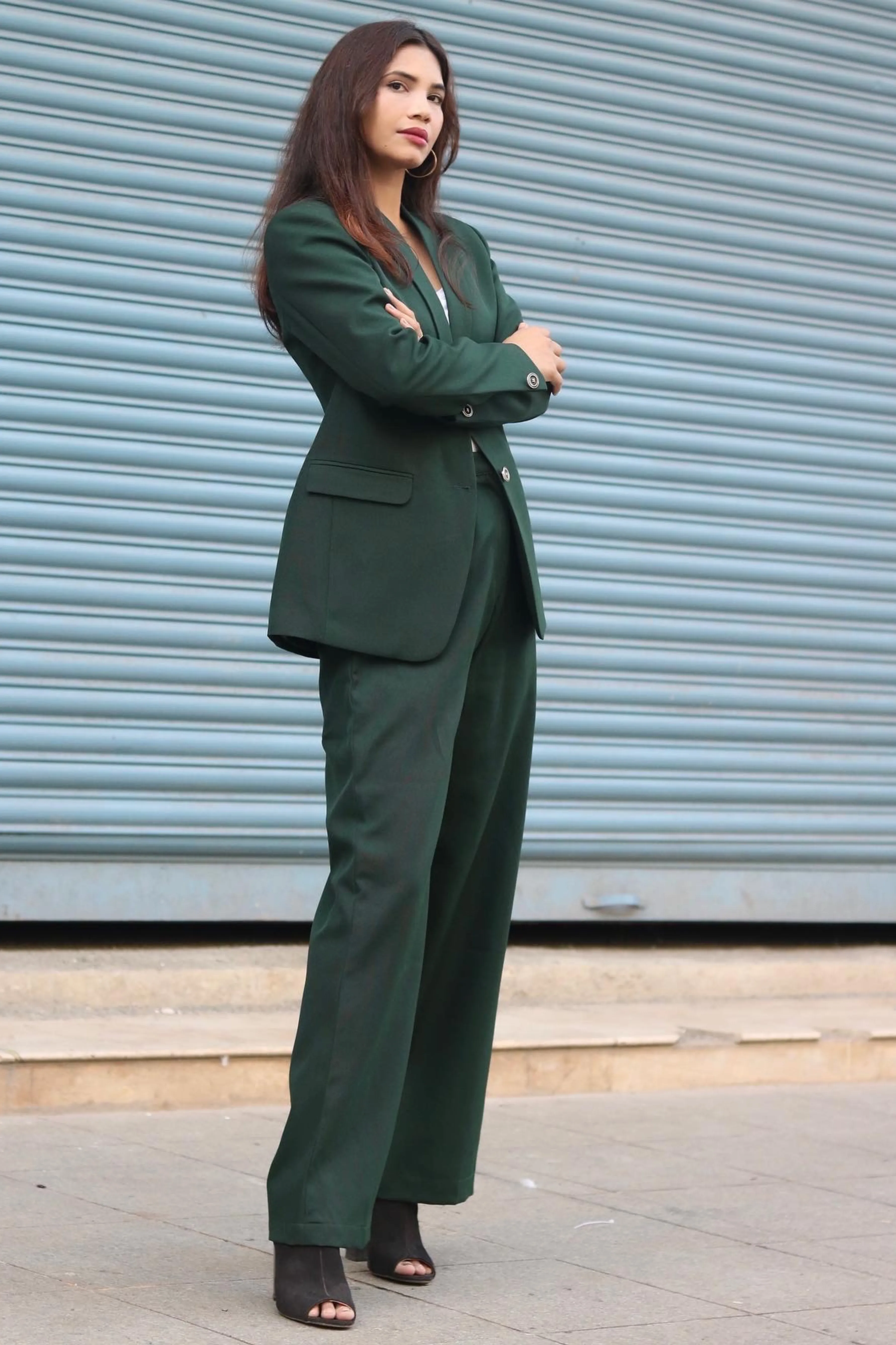 Relaxed Fit Wide Leg Trouser and Blazer Women's Pant Suit Set - Emerald Green