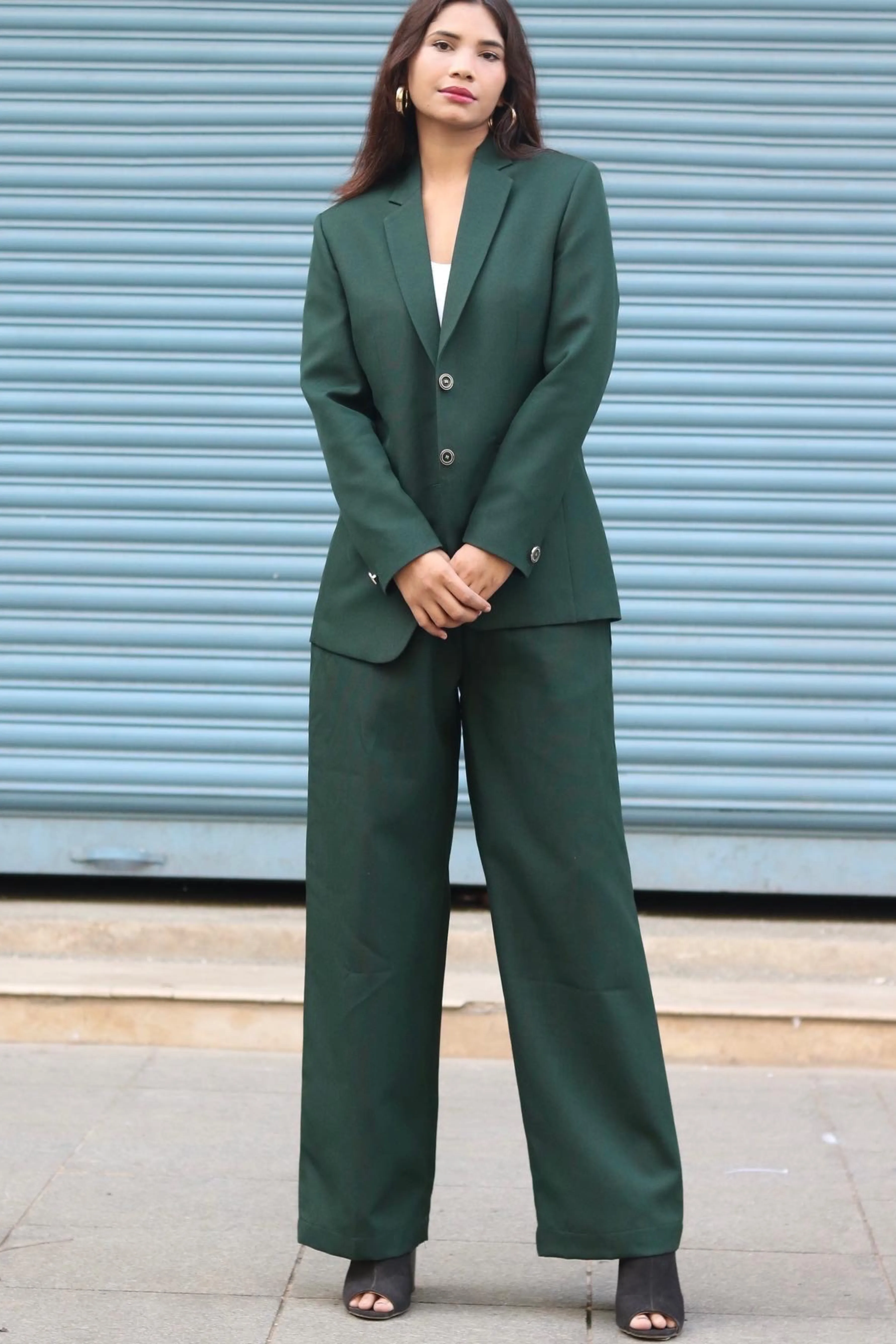 Relaxed Fit Wide Leg Trouser and Blazer Women's Pant Suit Set - Emerald Green